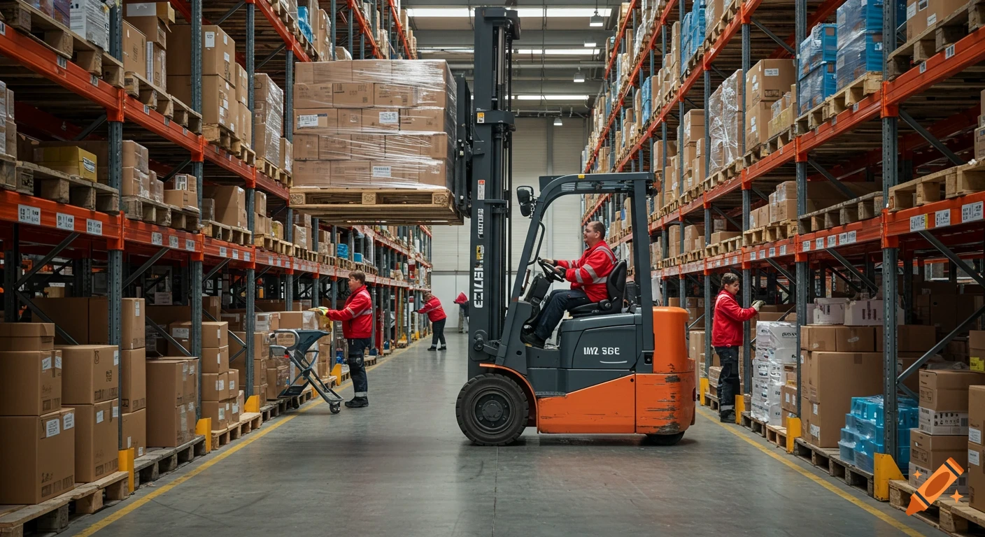 A photorealistic image of a forklift lifting a pallet in a large warehouse with racks of boxes, with workers in red jackets.