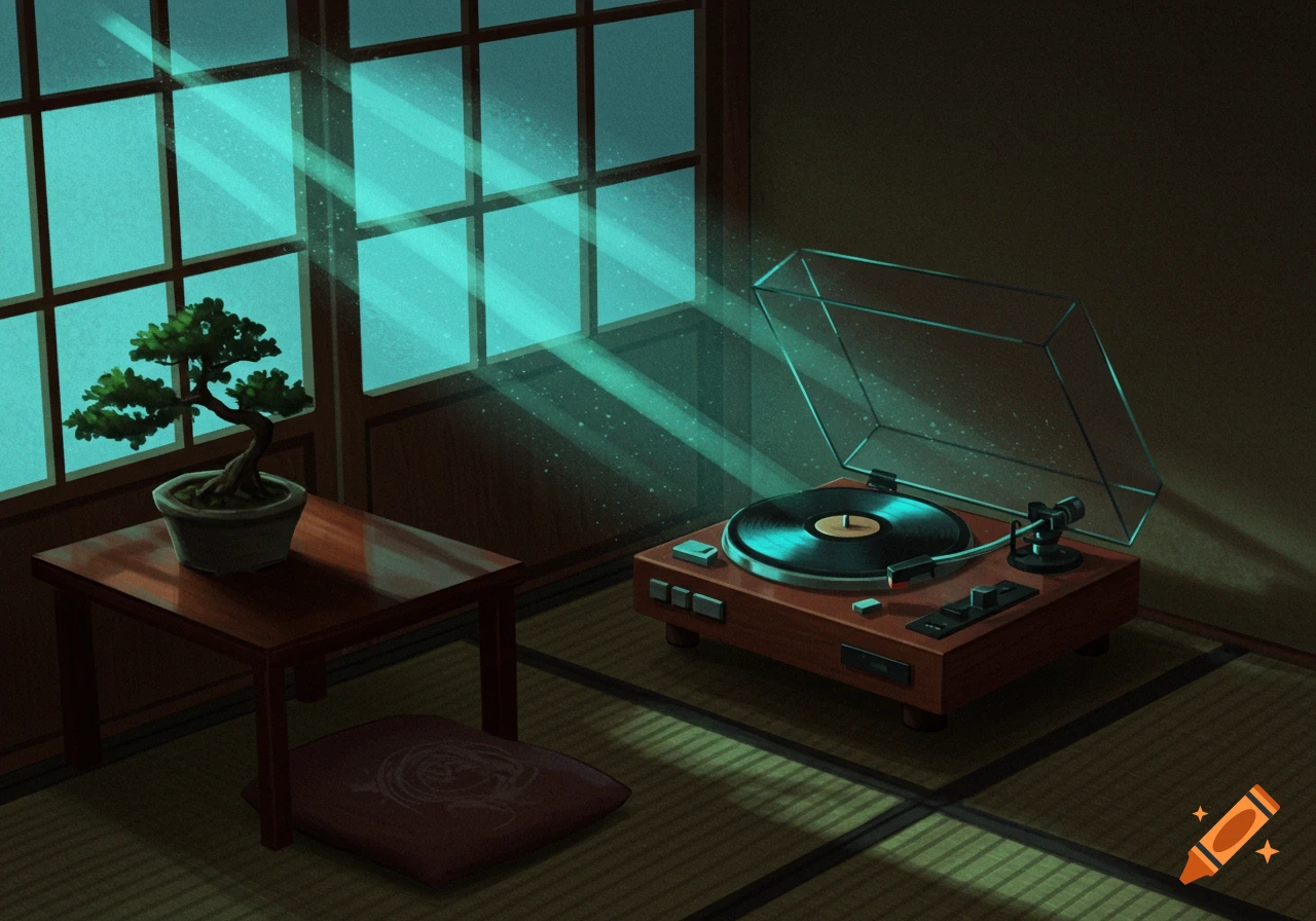 A dim Japanese room with a turntable and a bonsai tree on a table, illuminated by pale neon blue light beams through a window. Oil pastel style.
