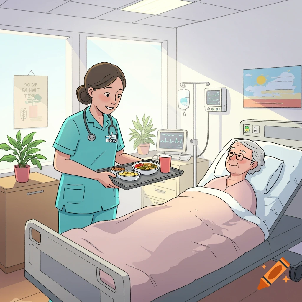 A smiling cartoon nurse in a hospital serves a meal to an elderly patient lying in bed.