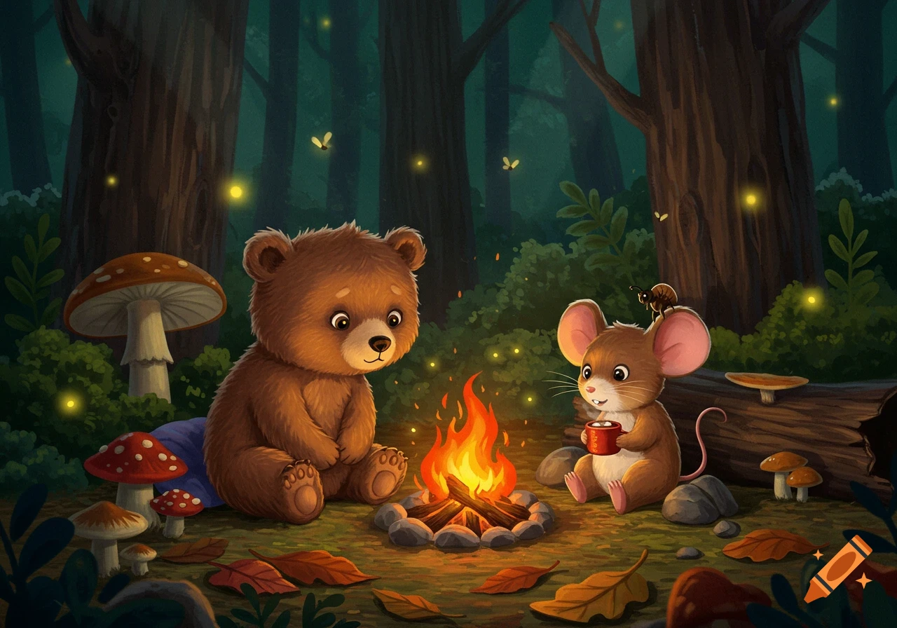 Whimsical illustration of a cute baby bear and mouse sitting by a campfire in a dark forest with glowing fireflies.