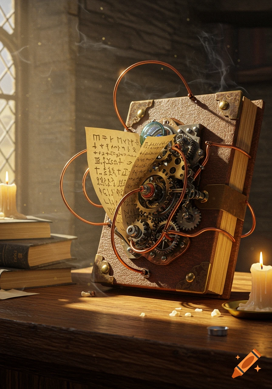 An ornate steampunk machine built into a brown leather book, with gears, copper wires, and pages featuring a faux ancient script, on a wooden desk next to lit candles.