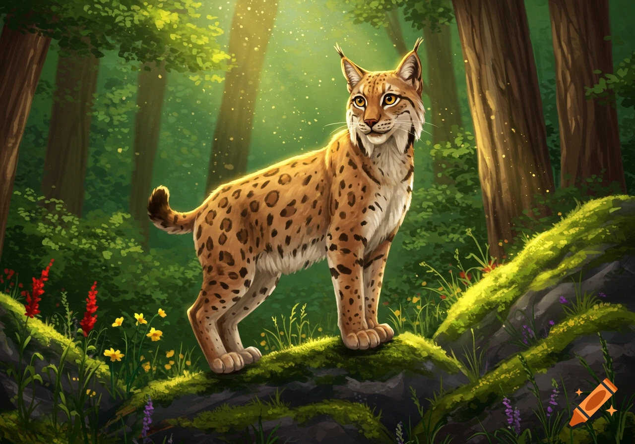 An illustrated lynx with spotted fur stands on mossy rocks in a vibrant, sun-dappled forest with trees and wildflowers.