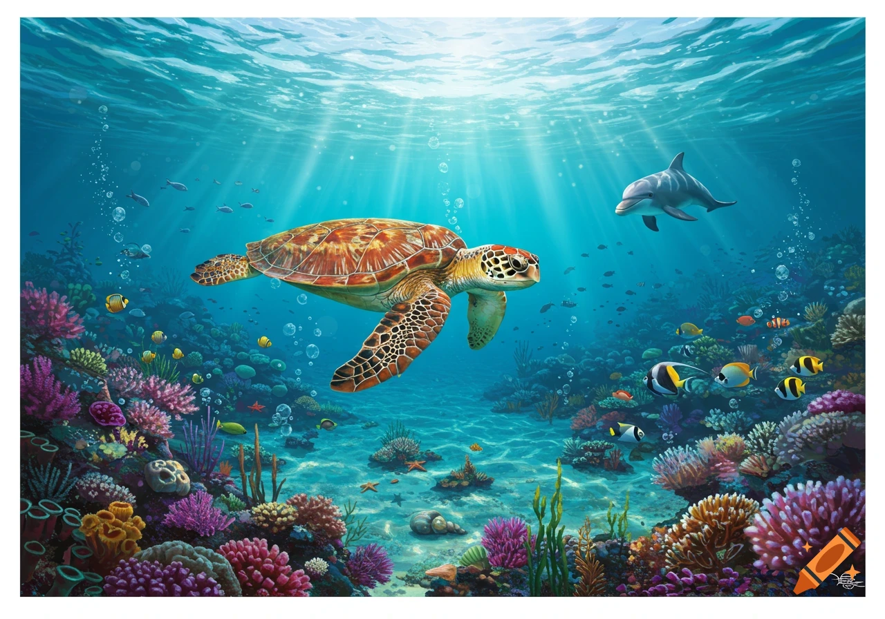 An underwater scene with a sea turtle, a dolphin, colorful coral, and fish, with sunlight filtering from above.
