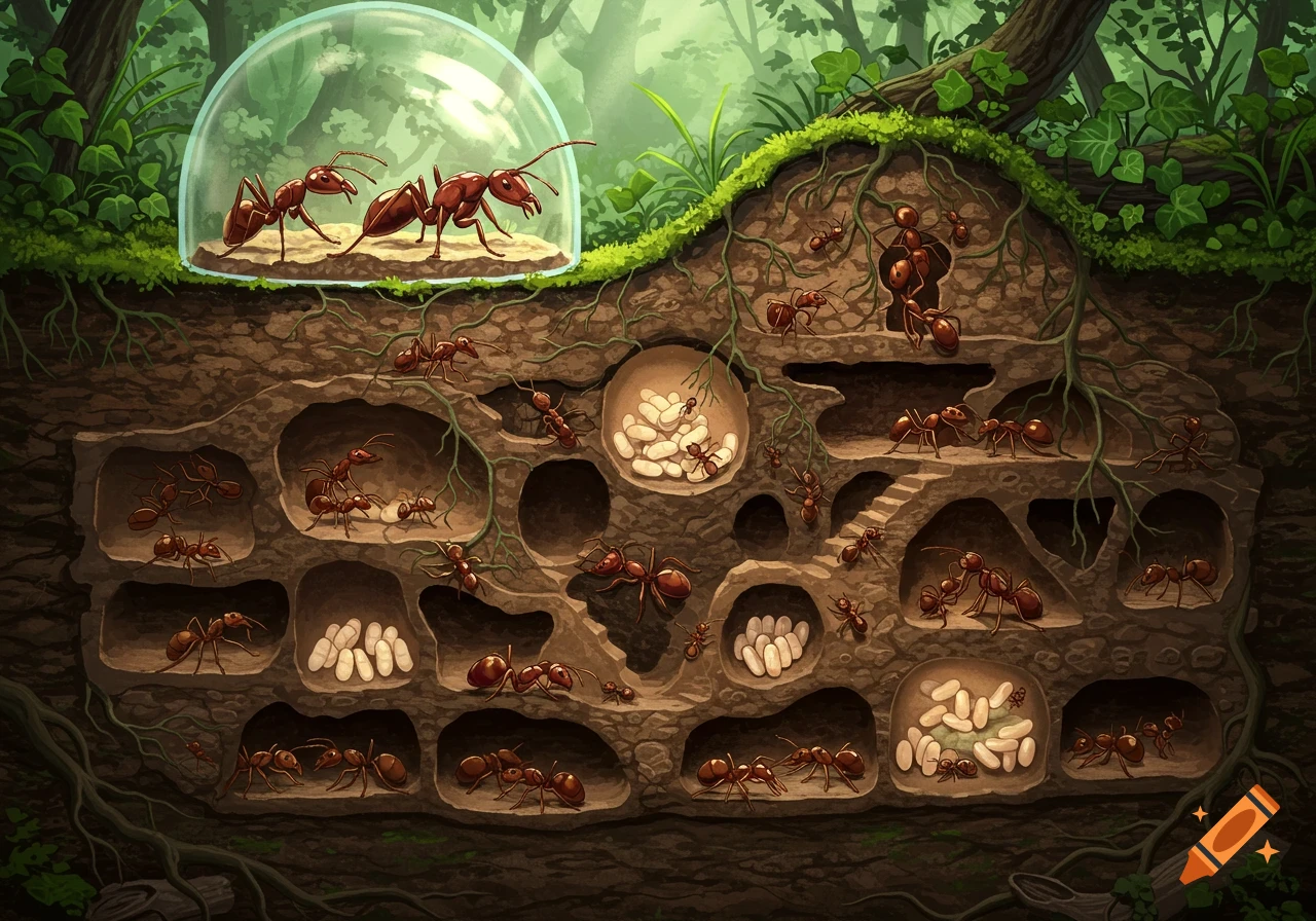 Detailed cross-section illustration of an ant colony underground, showing ants, eggs, and tunnels, with two ants under a glass dome above ground.