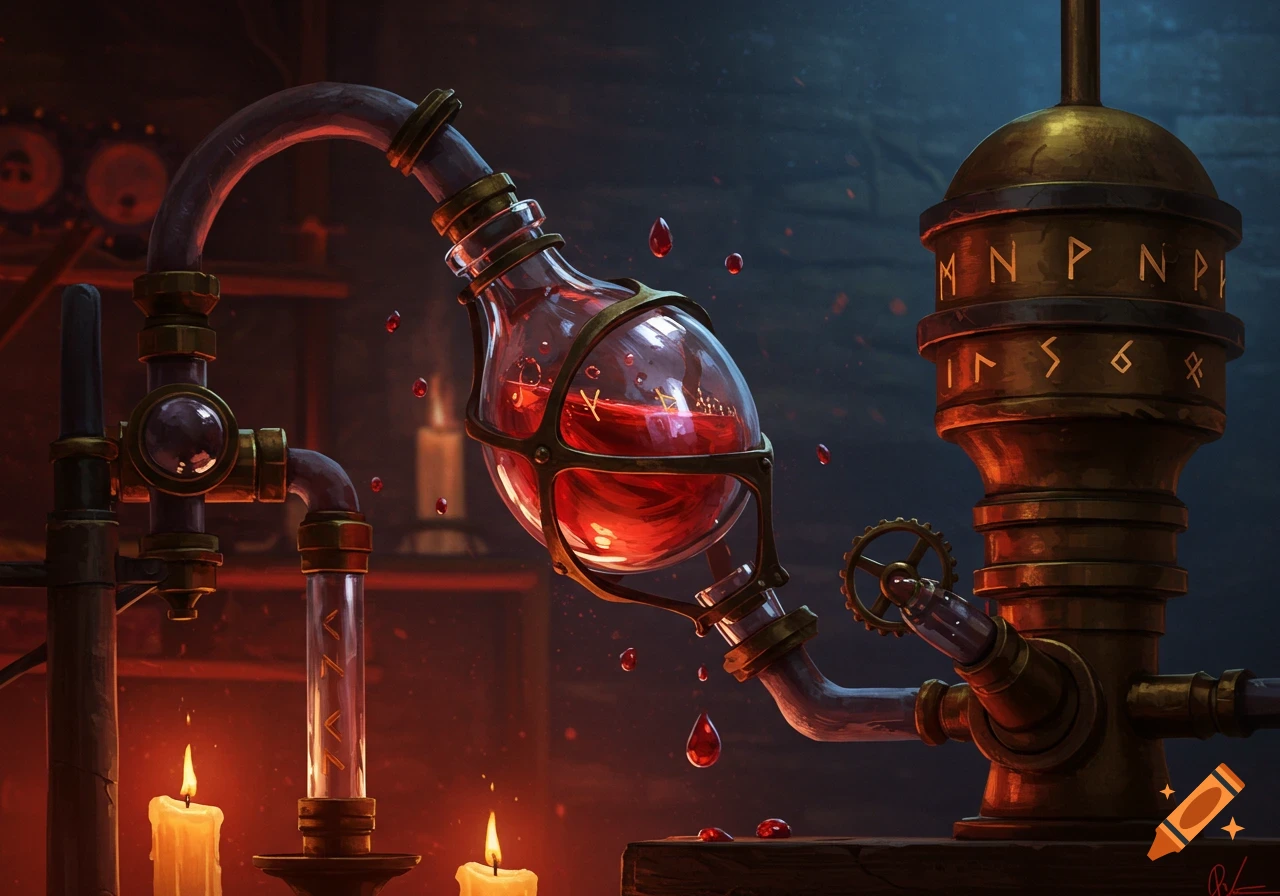A detailed fantasy illustration of an arcane alchemical setup with a glass vial containing glowing red liquid, surrounded by pipes, gears, and runes in a dark chamber with candlelight.