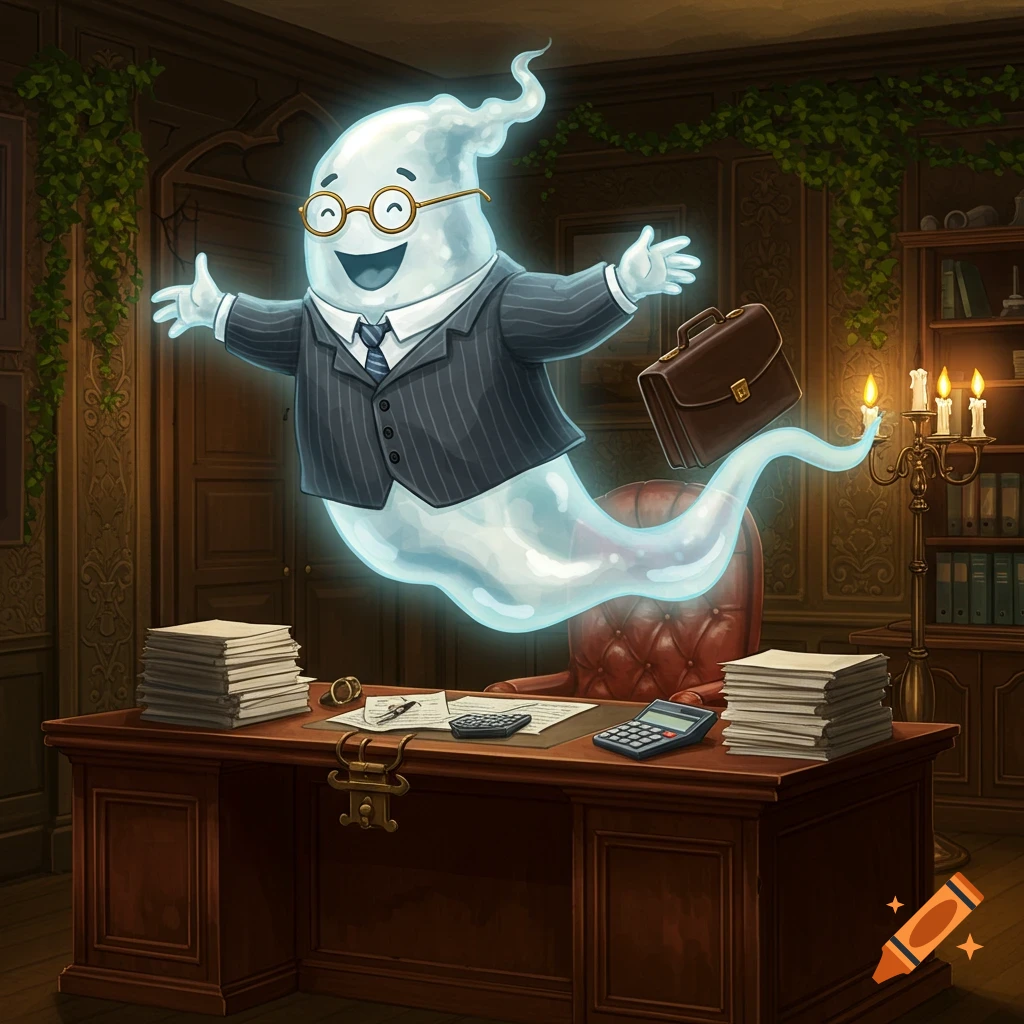 A happy cartoon ghost in a pinstripe business suit and glasses floats above a wooden office desk, holding a briefcase.