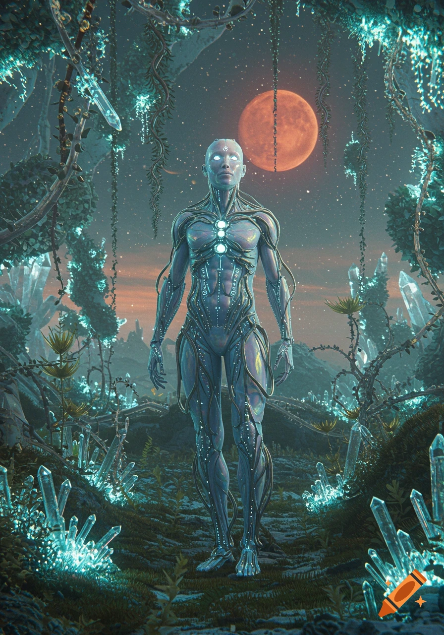 A luminous, futuristic human-like figure stands in an alien landscape with glowing blue crystals and a large red moon.