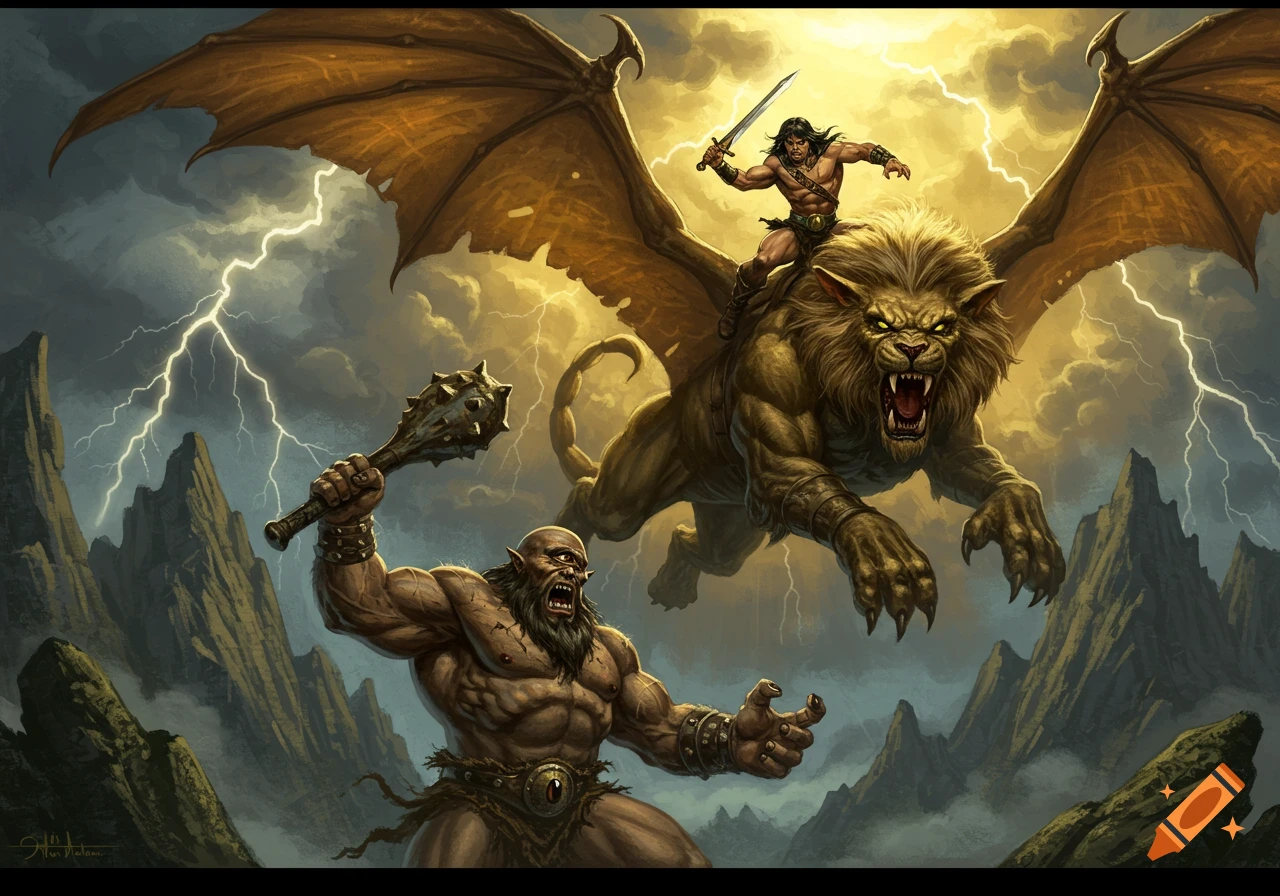 Conan on a winged manticore fights a cyclops with a club amid lightning and mountains in a dramatic fantasy painting.