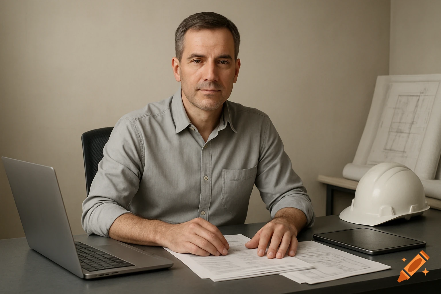 A professional man in a grey shirt sits at an office desk with a laptop, documents, and a hard hat, looking at the viewer.