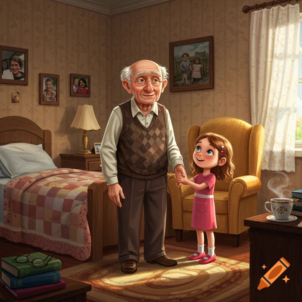 A stylized illustration of a smiling old man and a young girl holding hands in a cozy bedroom.
