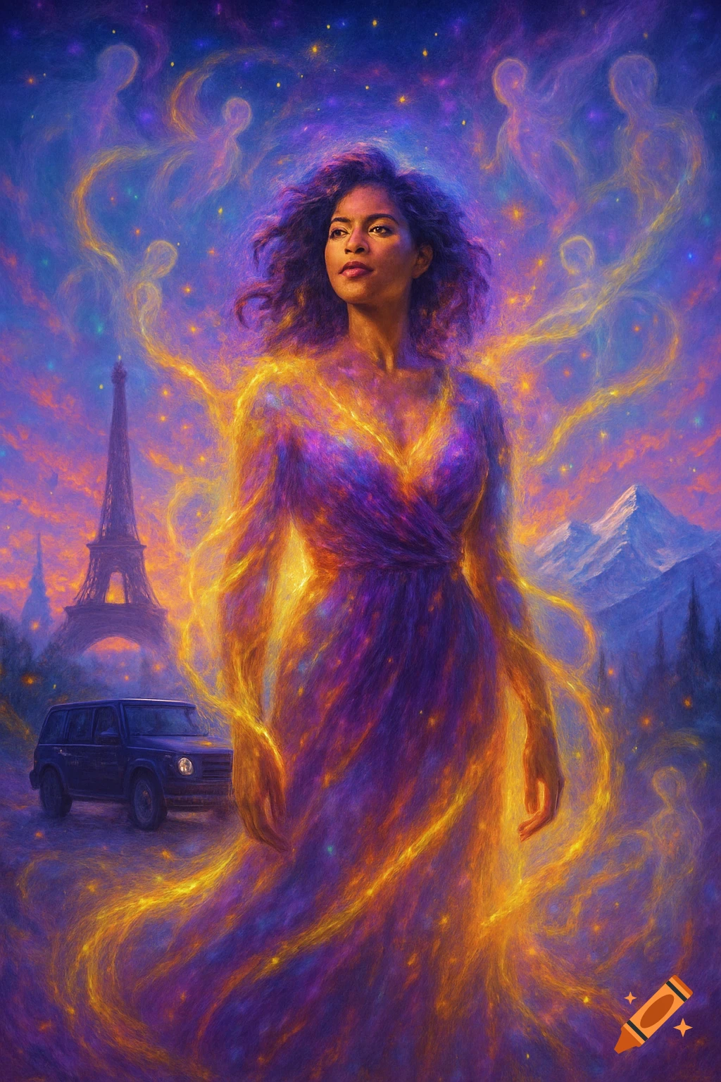 A vibrant, cosmic digital painting of a woman glowing with golden energy, set against a surreal sky with the Eiffel Tower, mountains, and a car.