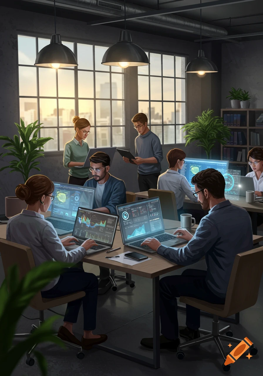 Stylized illustration of people working on laptops and large monitors with data displays in a modern office with large windows.