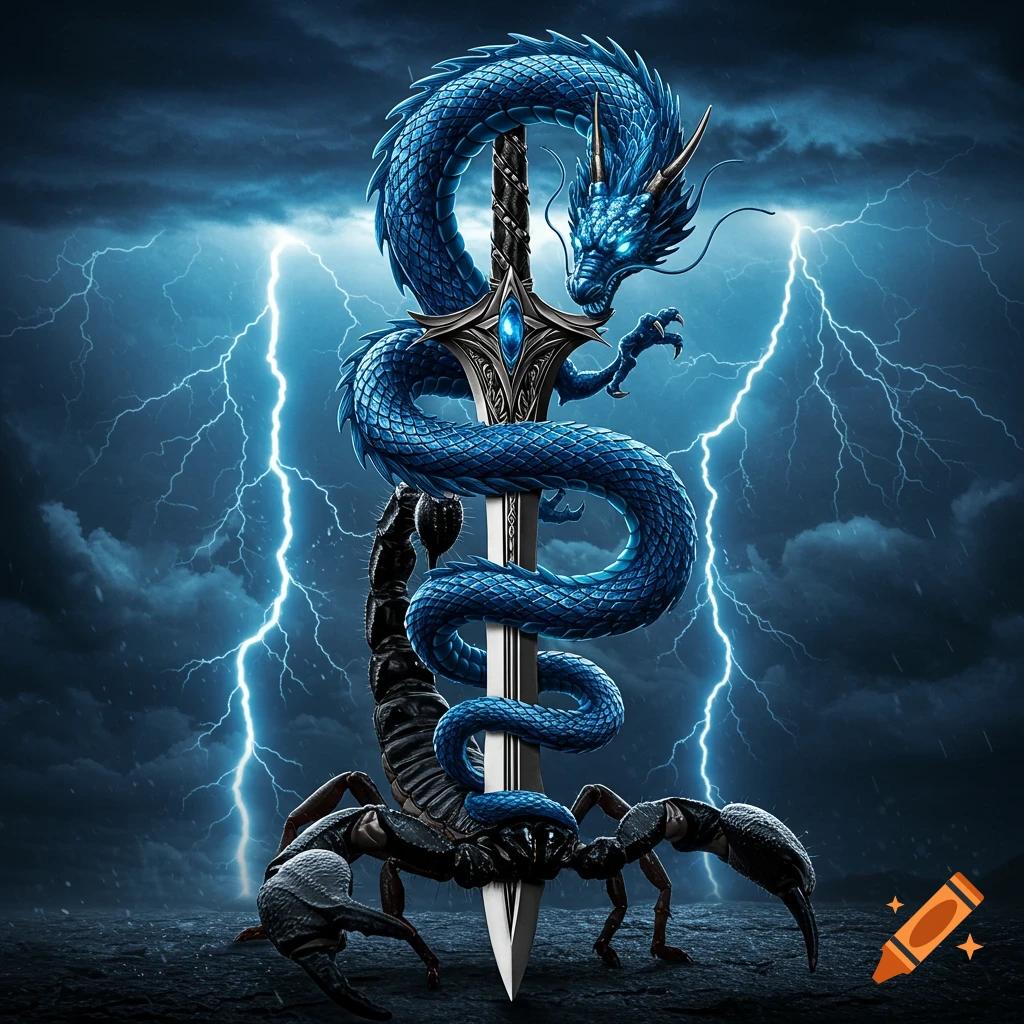 A detailed blue dragon coils around a sword, whose hilt is a black scorpion, under a dramatic lightning storm.
