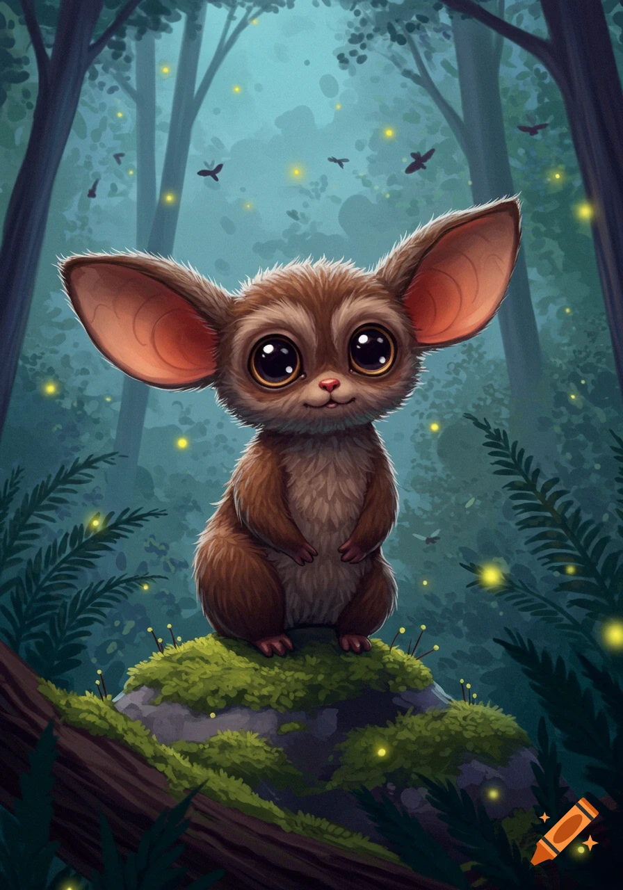 A cute, brown, big-eared, big-eyed furry creature sits on a mossy rock in a magical forest with glowing fireflies, digital art.