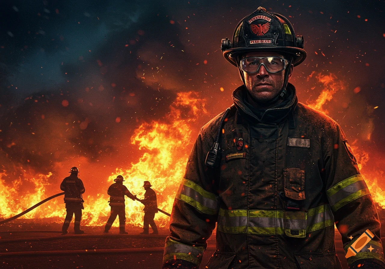 A dramatic, photorealistic image of a firefighter in bunker gear, goggles, and helmet, with a raging fire and silhouetted firefighters in the background.