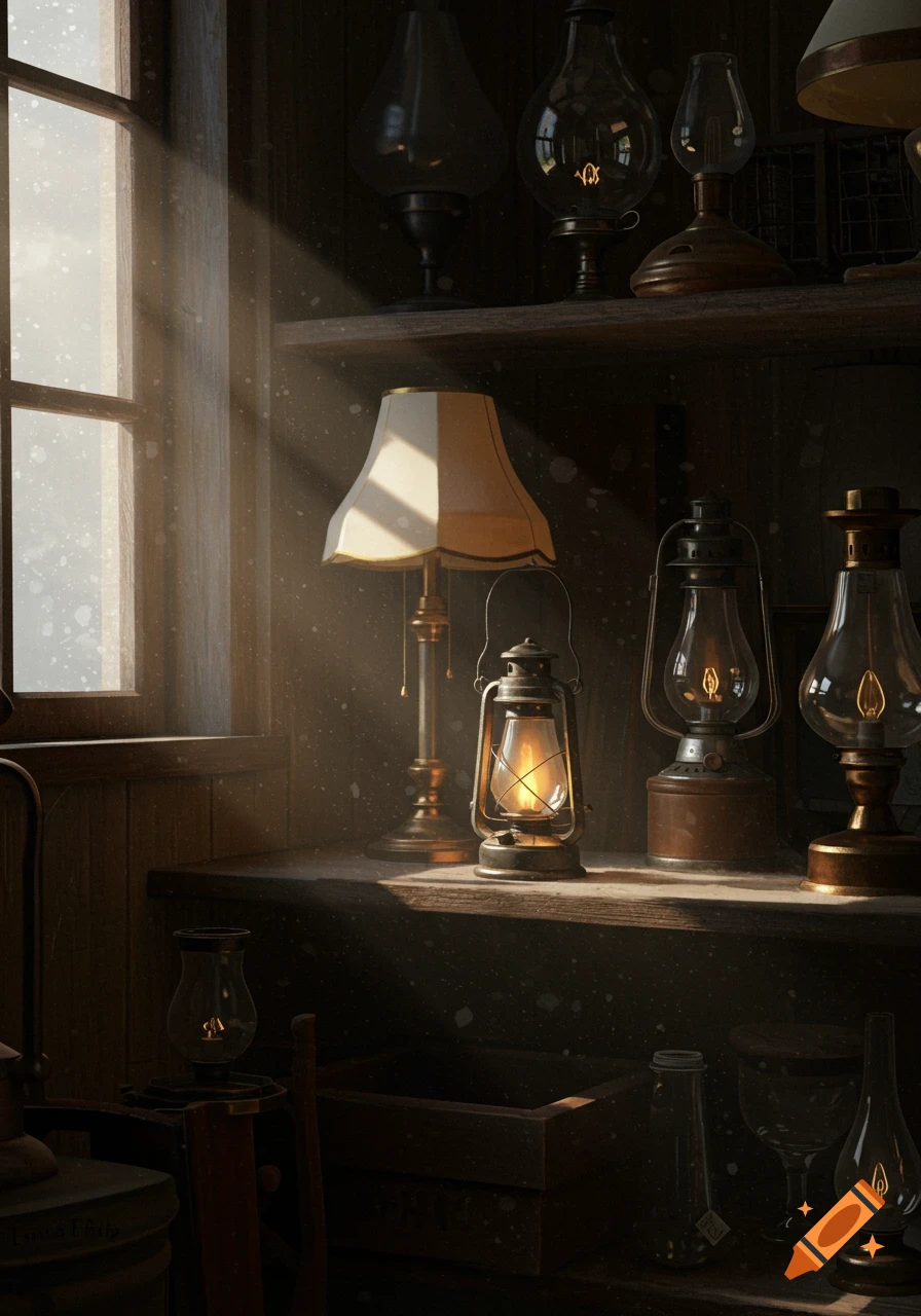 A collection of glowing lanterns and lamps on dusty wooden shelves in an old shop, illuminated by sunlight through a window.