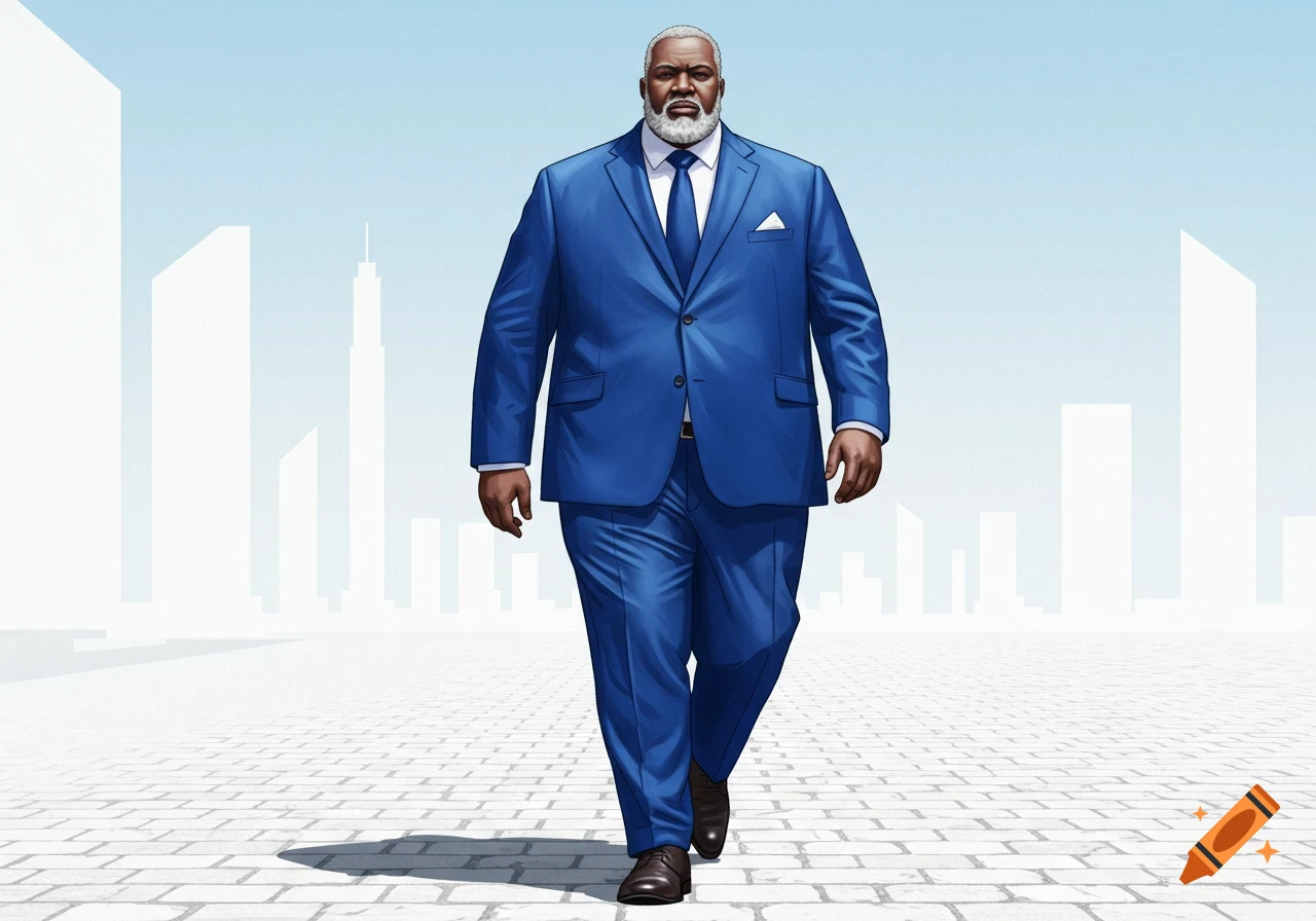 Illustration of a stout man in a blue suit, white shirt, and grey beard, walking on a patterned sidewalk with abstract city buildings.