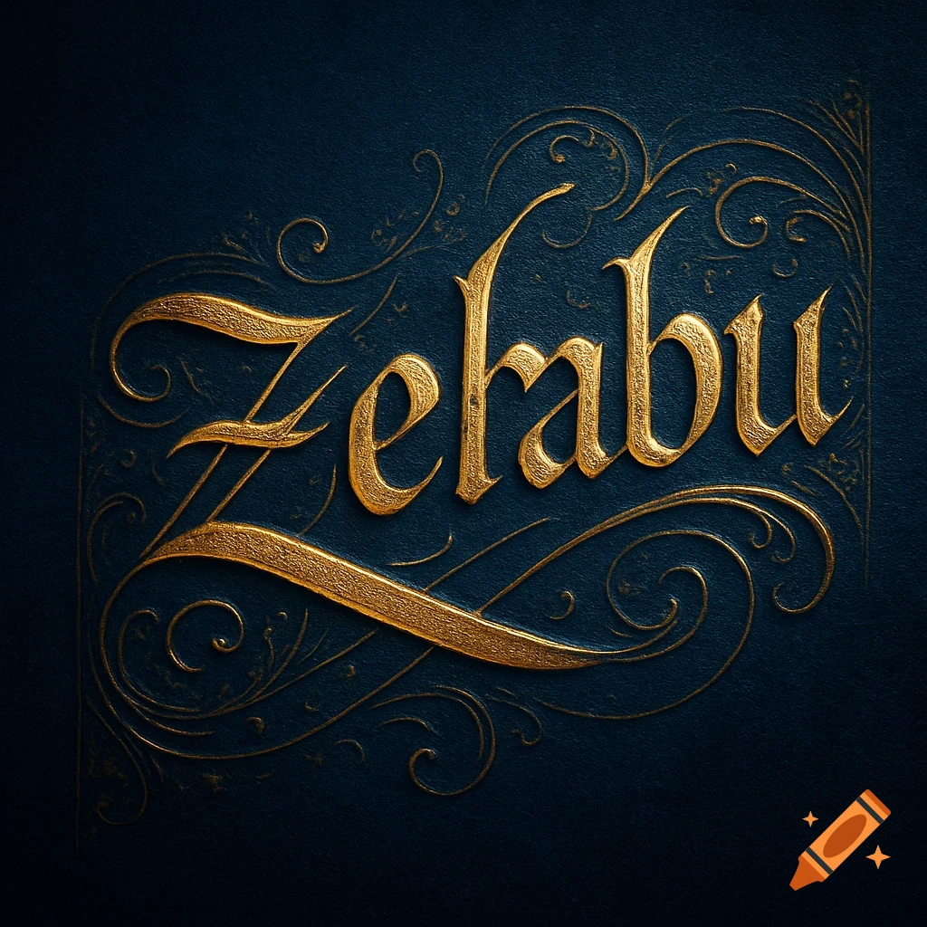 Ornate golden 'Zehabu' lettering embossed on a dark blue textured background with swirling filigree.
