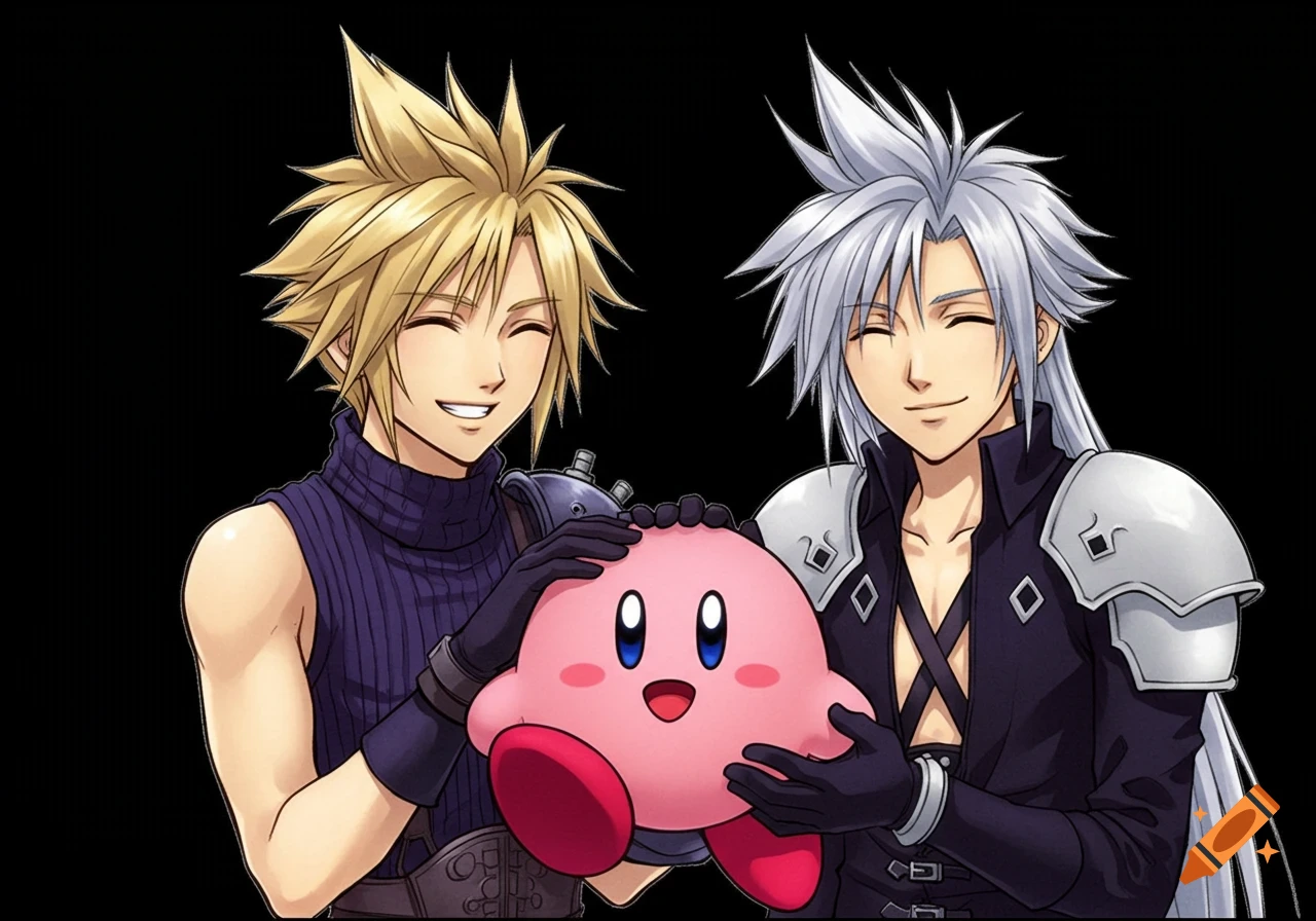 Cloud Strife and Sephiroth from Final Fantasy 7 smile while gently petting Kirby in an anime art style on a black background.