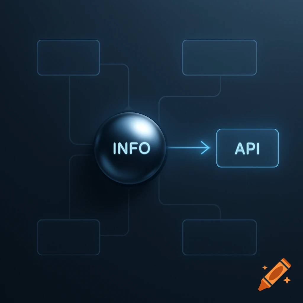 A 3D flowchart with a central glowing sphere labeled 'INFO' connected by an arrow to a rectangle labeled 'API'.