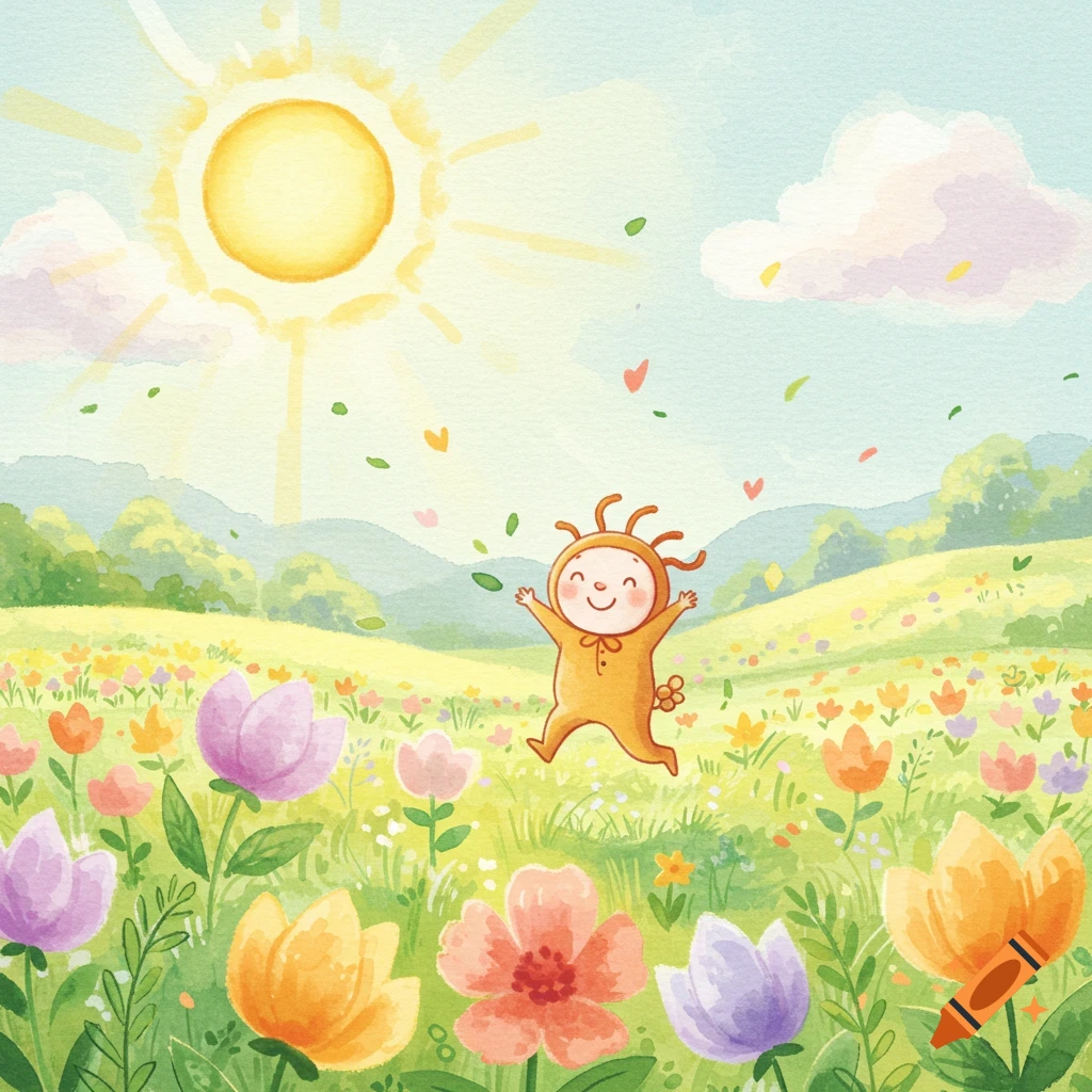 A cute orange character joyfully jumps in a colorful watercolor meadow under a bright sun.