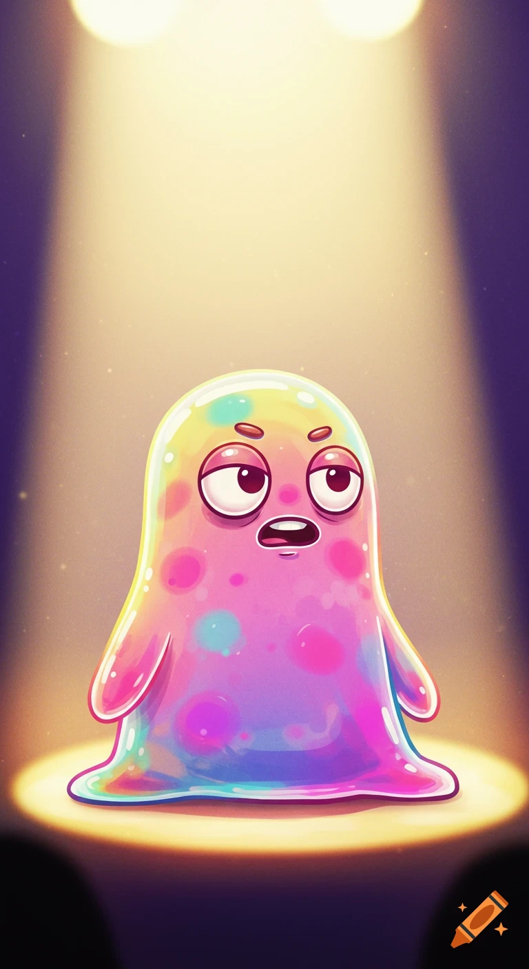 A cute, colorful, jelly-like fantasy creature with big expressive eyes and a slightly surprised expression stands under a warm spotlight.