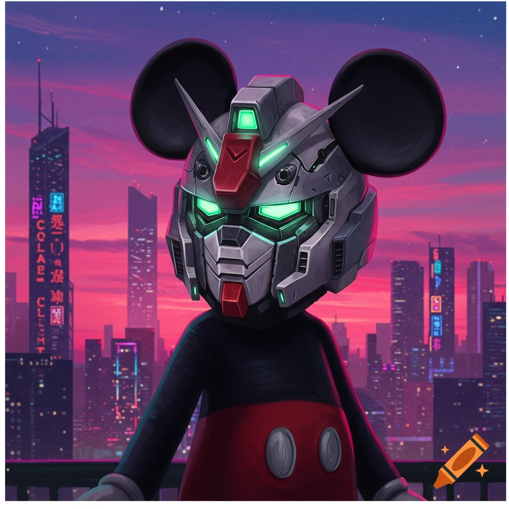 Mickey Mouse wearing a Gundam mask stands against a vibrant cyberpunk city skyline at sunset in a stylized art.