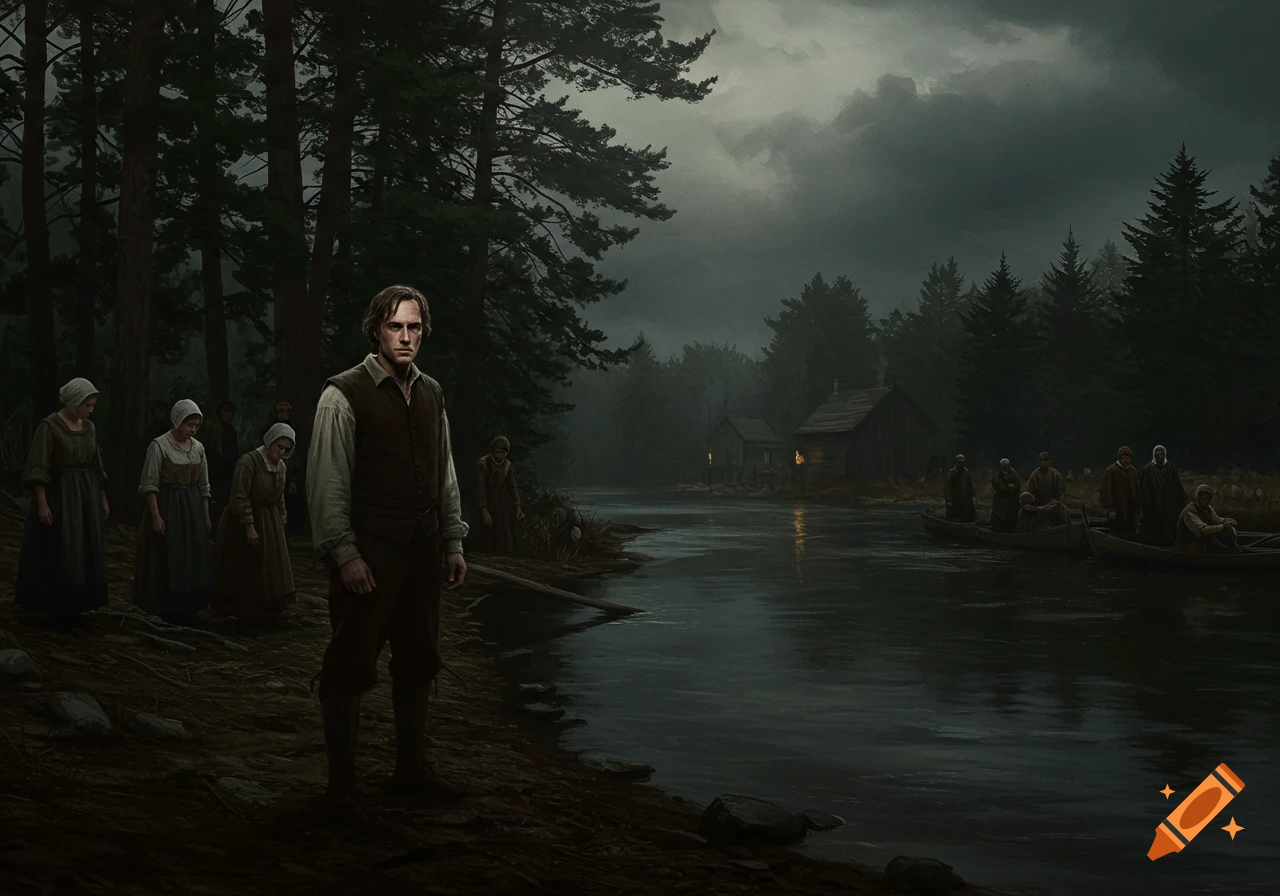 A man in colonial attire stands on a dark riverbank, with other figures, boats, cabins, and a forest under a stormy sky, in a dark oil painting style.