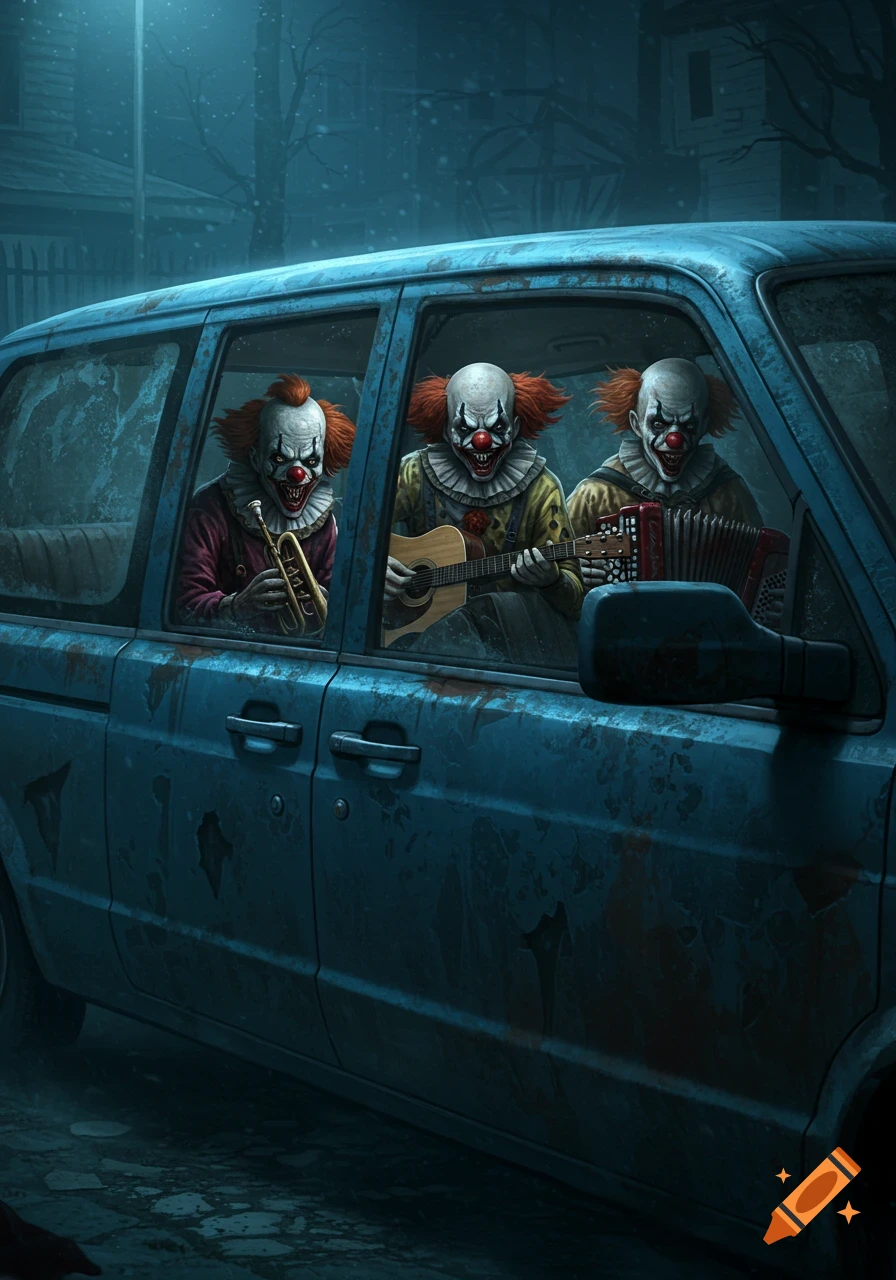 Three horror clowns with red hair and scary makeup play a trumpet, guitar, and accordion inside a rusty blue minivan at night.