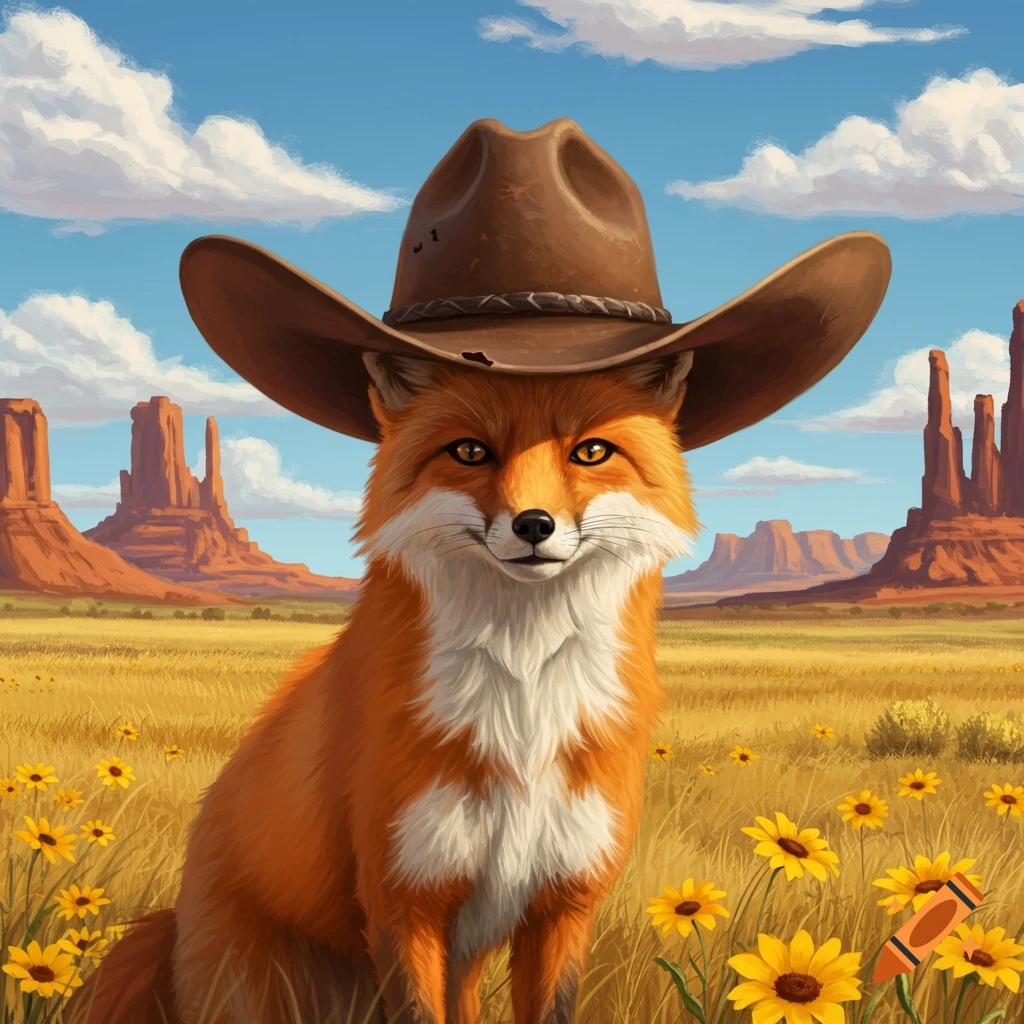 An orange fox with a white chest wears a brown cowboy hat, sitting in a field of yellow wildflowers with desert mountains in the background.