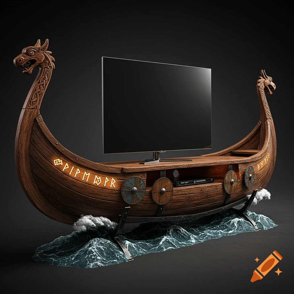 A photorealistic wooden Viking longship TV console with dragon heads, glowing runic-like text, and an ocean wave base.