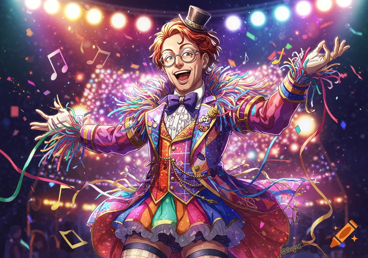 Joyful anime performer in a colorful, elaborate ringmaster costume, arms open on a confetti-filled stage with spotlights.