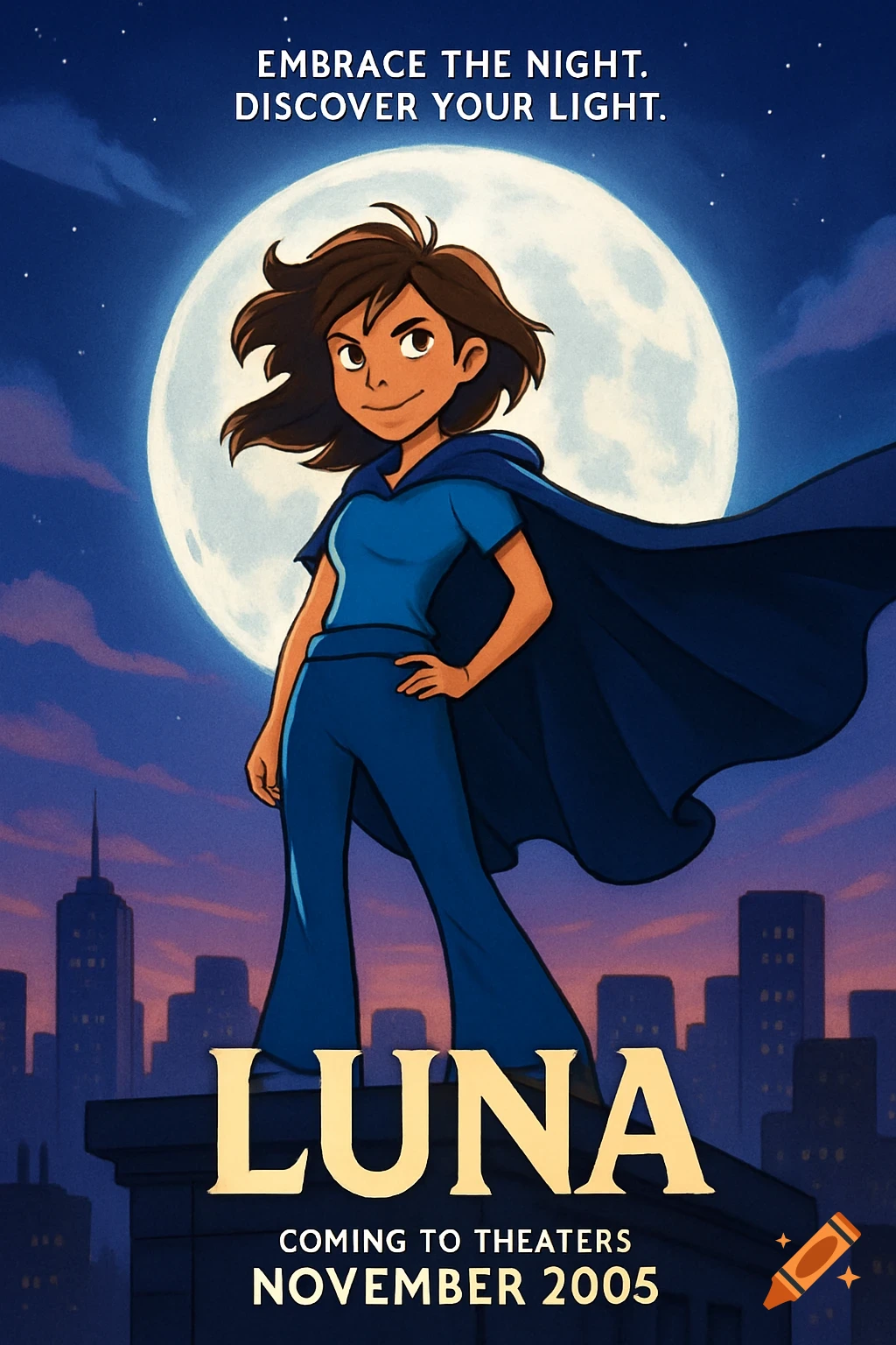 2D animated movie poster for "LUNA" showing a teenage girl in a blue outfit and cape against a full moon and city skyline.