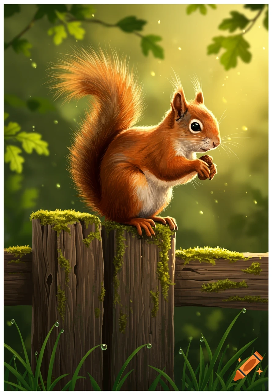A vibrant illustration of a fluffy red squirrel holding a nut, sitting on a mossy wooden fence in a sunlit forest.