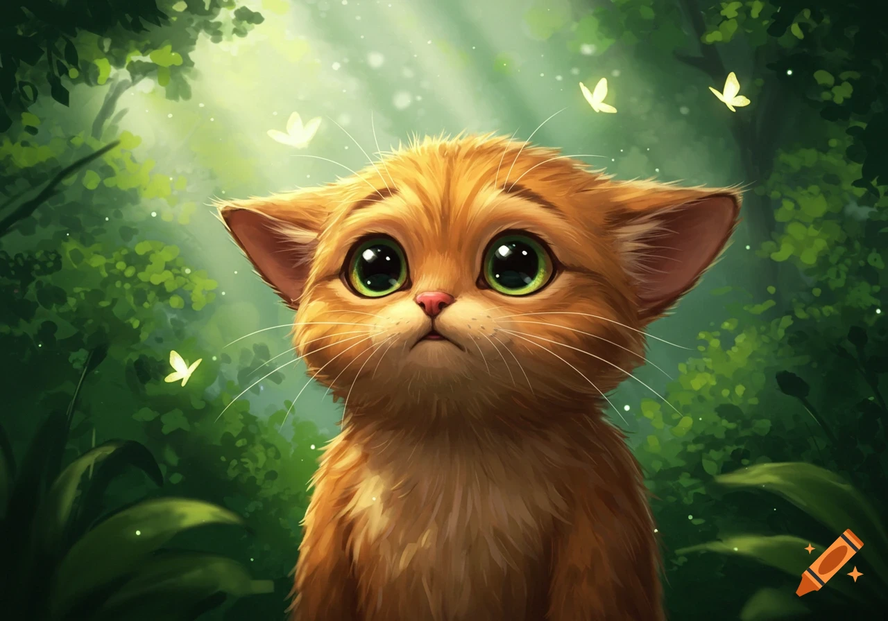 A close-up of a cute, orange, fluffy cat with huge green eyes and a pink nose, looking up in a magical green forest with glowing butterflies.