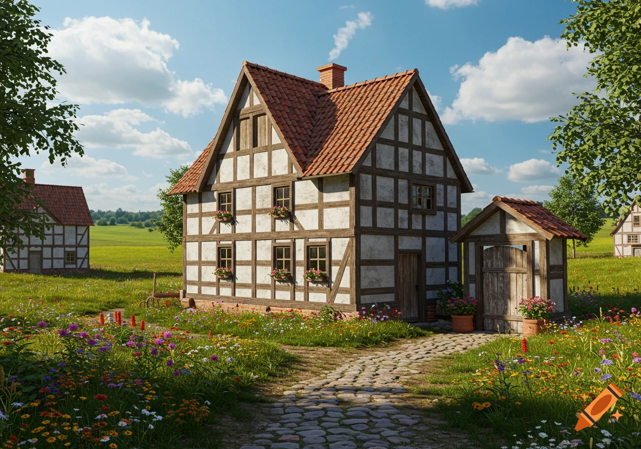 A picturesque half-timbered house with a red roof, a cobblestone path, and colorful wildflowers in a sunny rural landscape.
