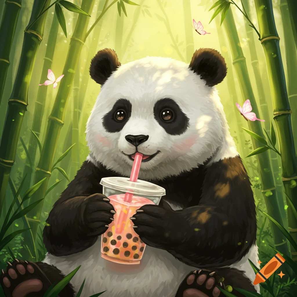 A cute cartoon panda sips pink boba tea through a straw, sitting in a vibrant bamboo forest with pink butterflies.