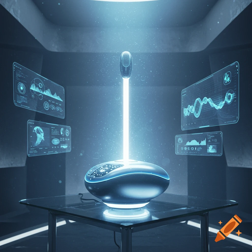 A glowing futuristic device on a glass table in a dark room, with holographic screens displaying data and waveforms.