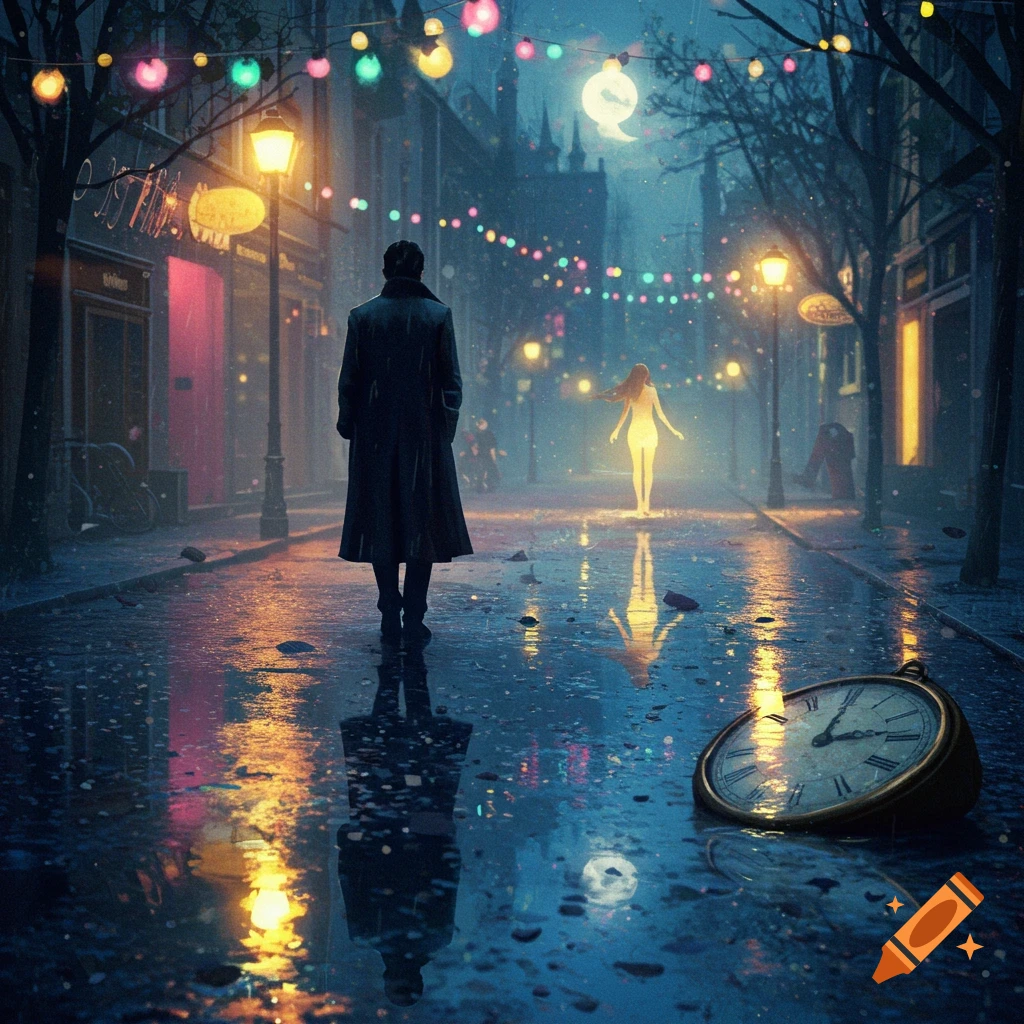 Man walks on a rainy, reflective city street at night, with colorful lights and a glowing ethereal woman in the distance, and an old clock on the ground.