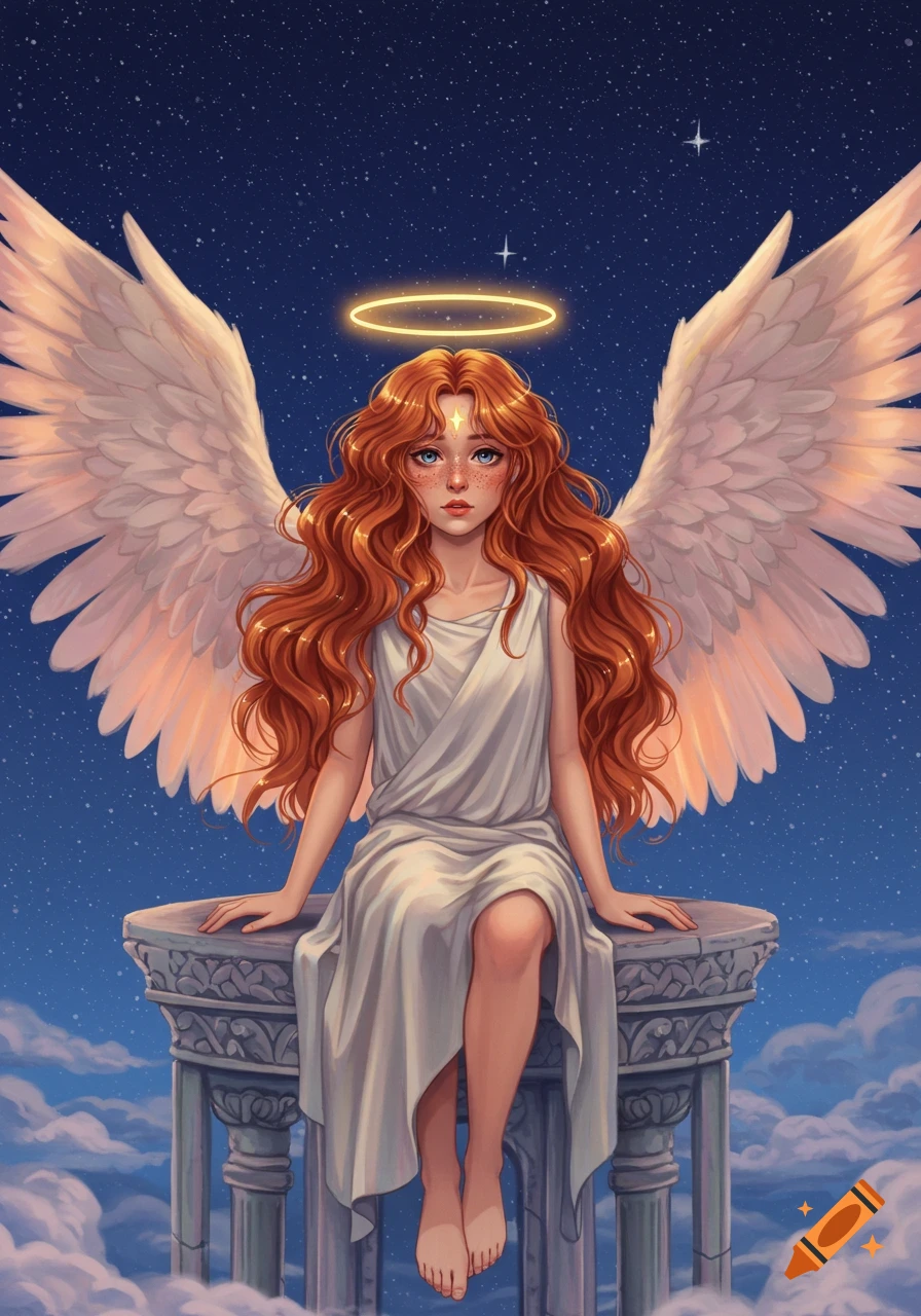 Anime angel with long red hair, white wings, and a halo, sitting on a stone pillar in the starry night sky with clouds.
