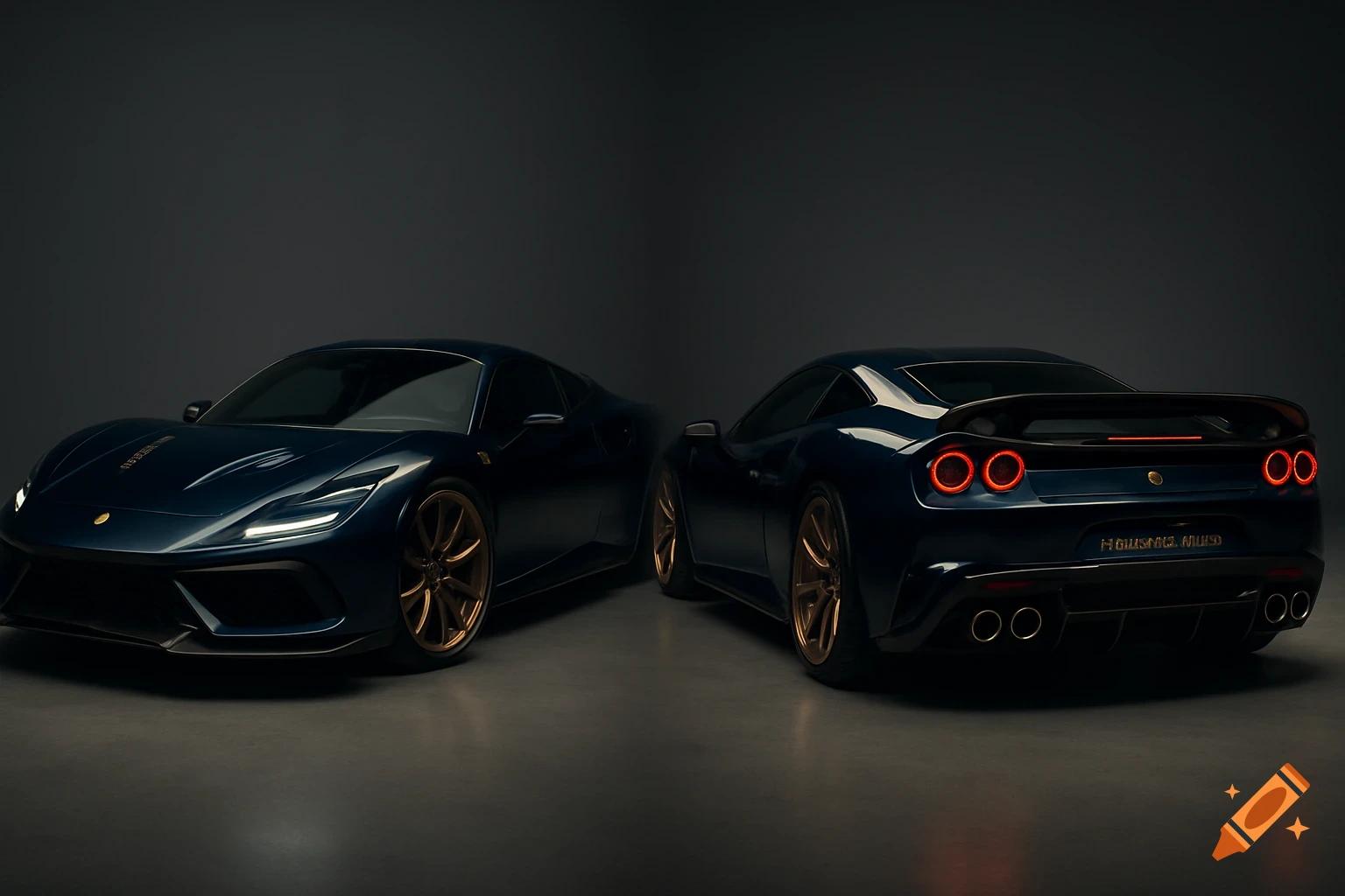 Two dark blue concept sports cars with gold wheels and sleek designs, one front-facing, one rear-facing, in a studio.