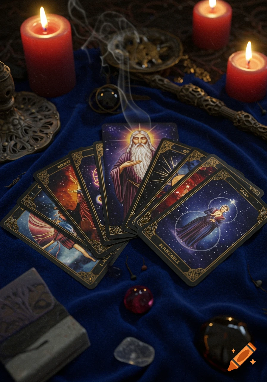 Oracle cards fanned out on a dark blue velvet cloth, surrounded by lit red candles, a crystal, and other mystical items.