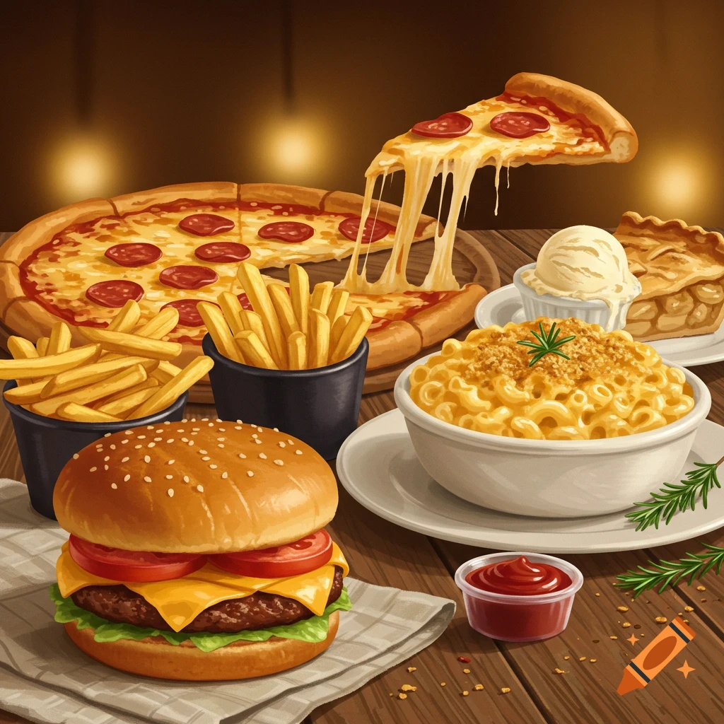 An illustration of popular American comfort foods: a cheeseburger, fries, pepperoni pizza, mac and cheese, and apple pie with ice cream.