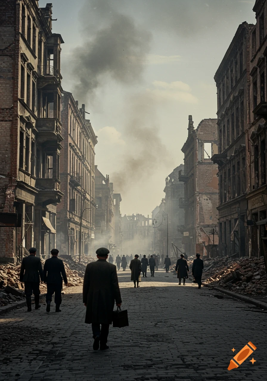 Men walk down a rubble-strewn cobblestone street between destroyed buildings with smoke in the distance, depicting a war-torn city.