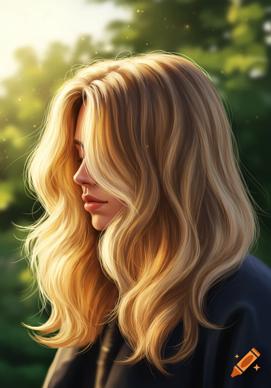 Digital painting of a woman in profile with long wavy blonde hair, looking down, bathed in golden light outdoors.