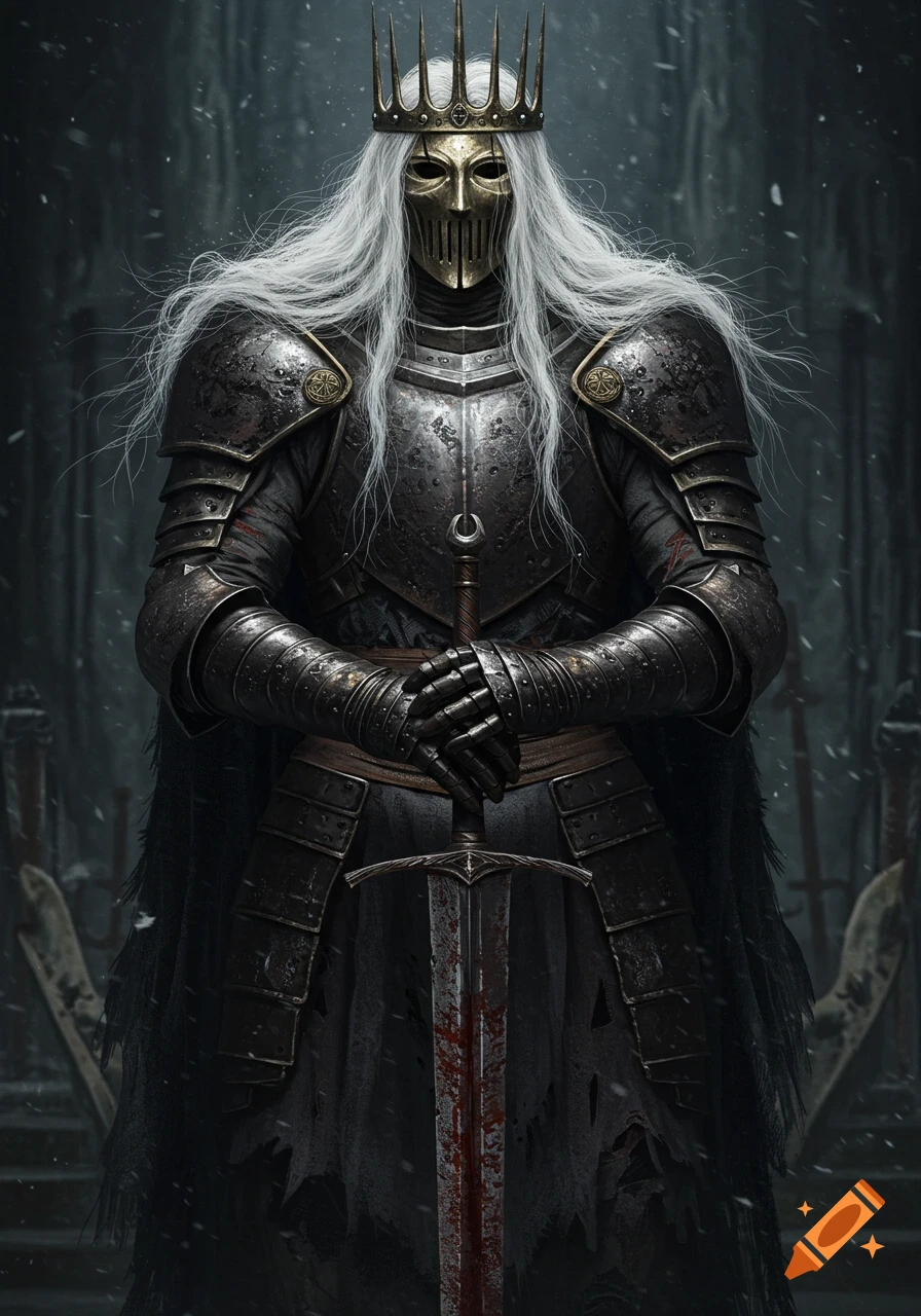 A masked king in dark, tattered armor with a spiked crown and long white hair, holding a blood-stained sword in a snowy, dark fantasy setting.
