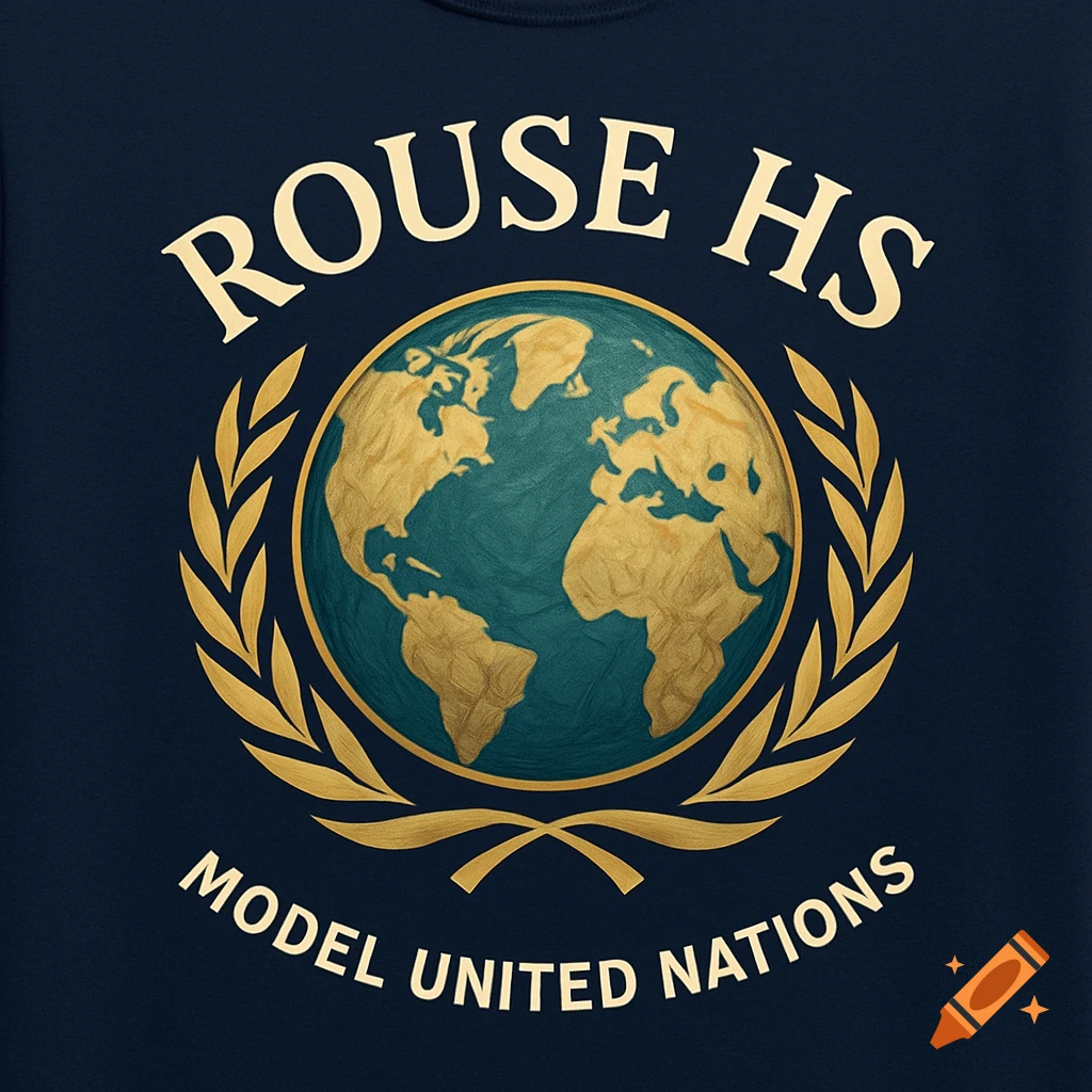 A dark blue t-shirt with a golden and teal globe logo surrounded by a laurel wreath. Text reads 'ROUSE HS' above and 'MODEL UNITED NATIONS' below.