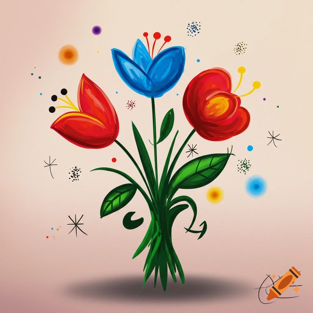 Colorful abstract bouquet of blue and red flowers with green stems and leaves, surrounded by dots, in the style of Miró.