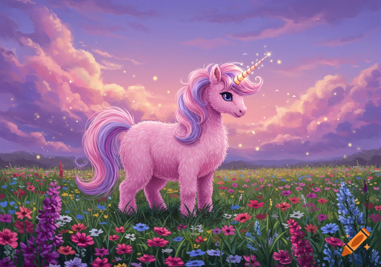 A fluffy pink unicorn with a rainbow mane stands in a vibrant field of colorful wildflowers under a magical pink and purple sky.