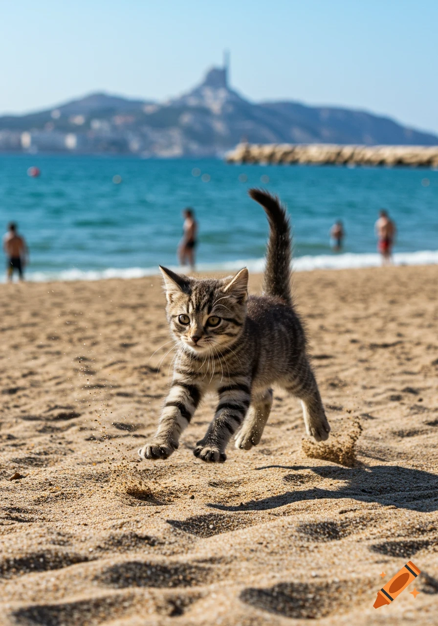 A playful tabby kitten leaps on a sunny sandy beach, kicking up sand, with blue ocean and a distant city skyline.